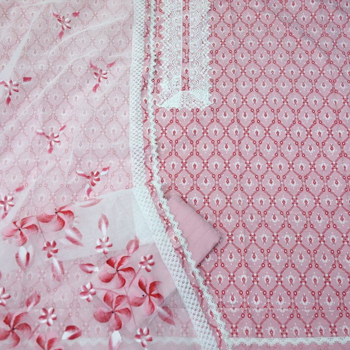 Aashna Light Baby Pink Lace Work Floral Printed Cotton Suit Set
