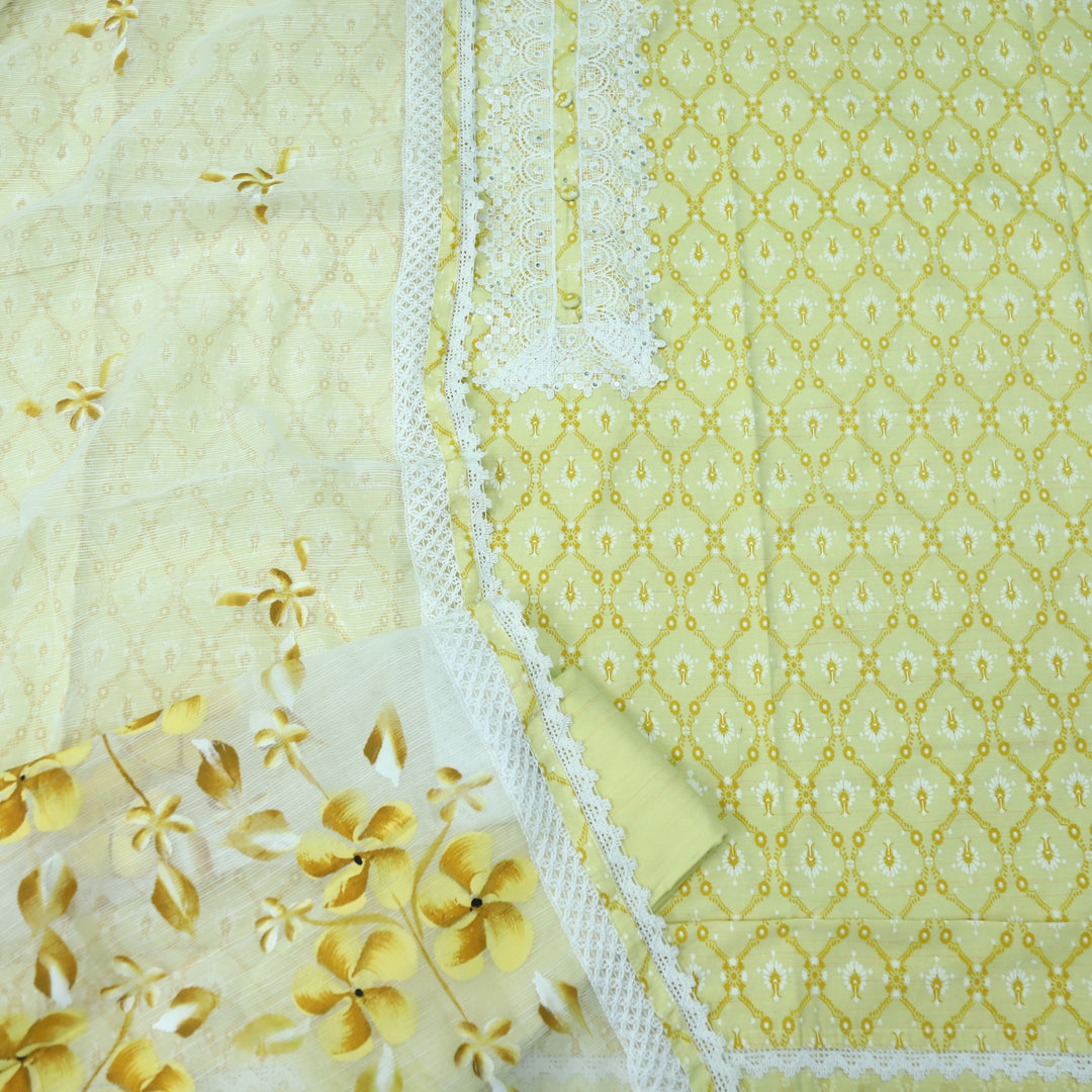 Aashna Light Pineapple Yellow Lace Work Floral Printed Cotton Suit Set