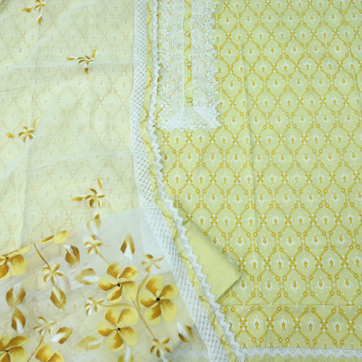 Aashna Light Pineapple Yellow Lace Work Floral Printed Cotton Suit Set