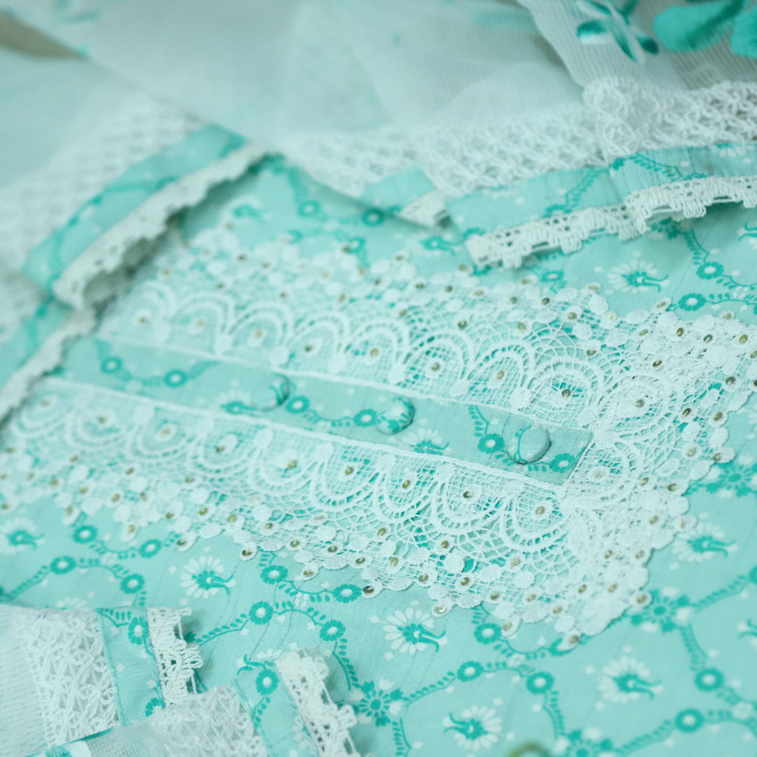Aashna Light Aqua Green Lace Work Floral Printed Cotton Suit Set