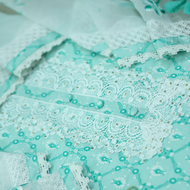Aashna Light Aqua Green Lace Work Floral Printed Cotton Suit Set