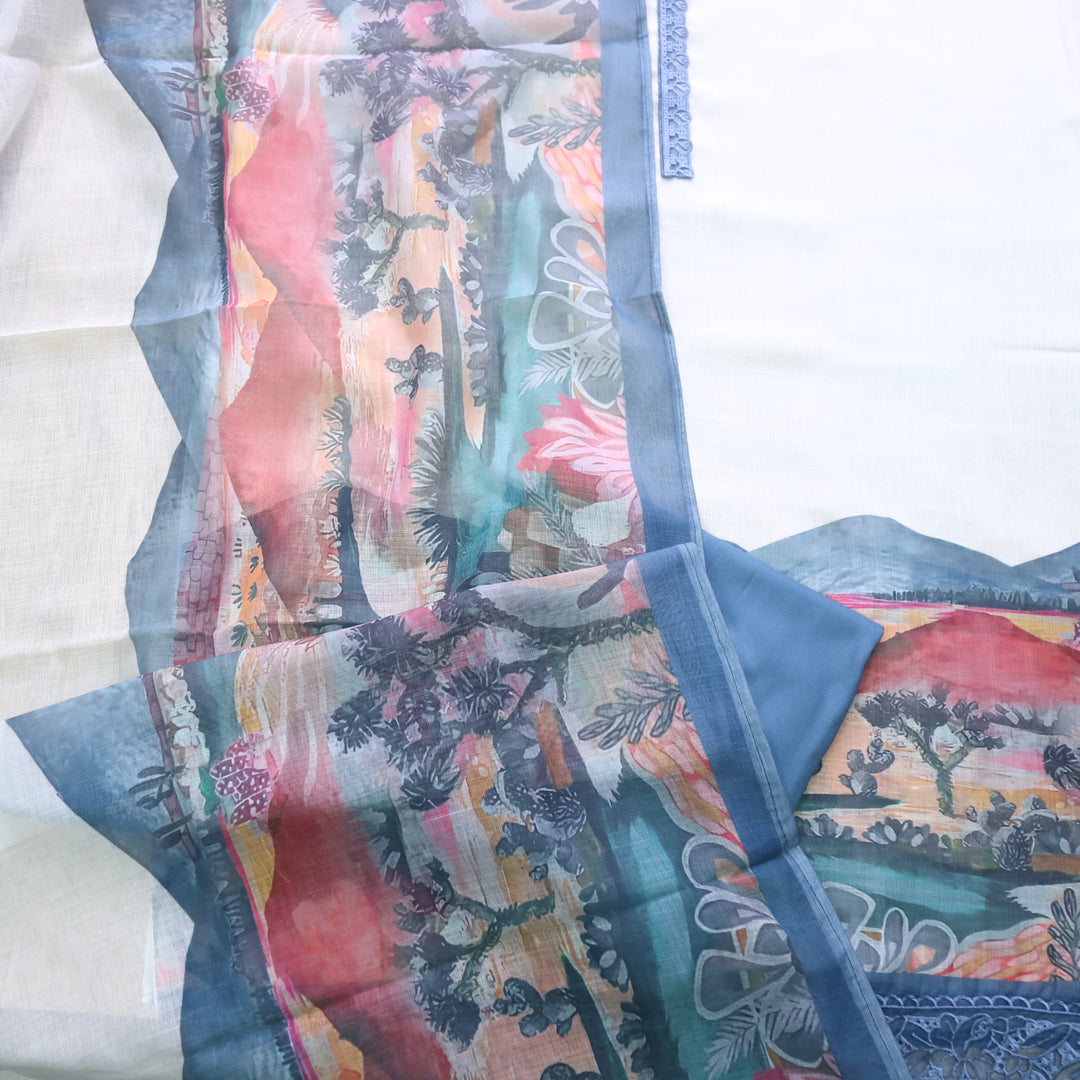 Gujaarish Creamy White Lace Neck with Digital Print Cotton Linen Suit Set