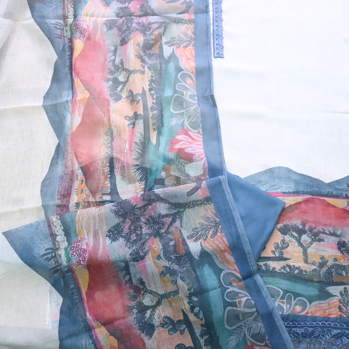 Gujaarish Creamy White Lace Neck with Digital Print Cotton Linen Suit Set