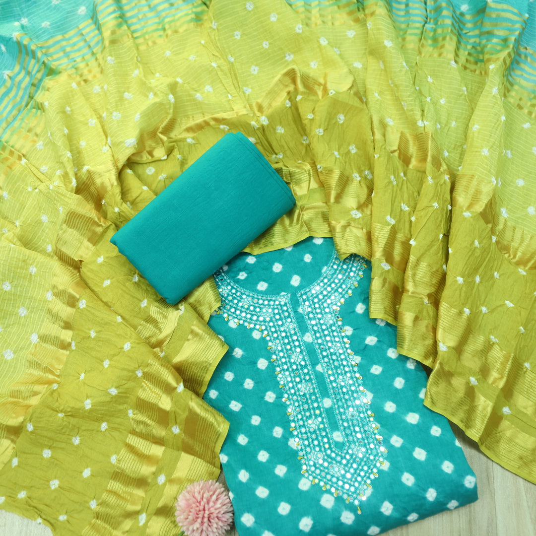 Bandegi Teal Blue Moti Neck with Bandhej Work Cotton Suit Set