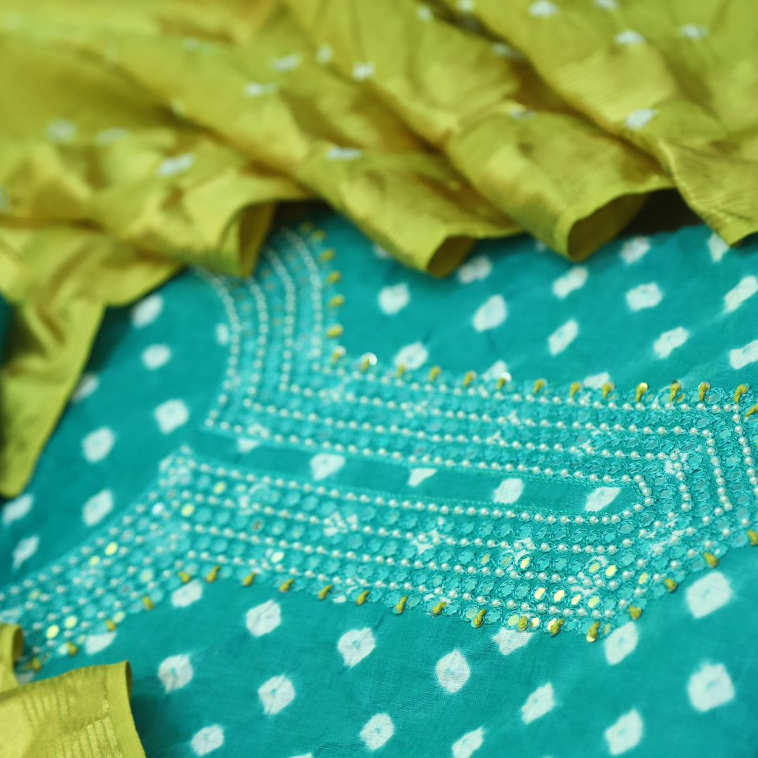 Bandegi Teal Blue Moti Neck with Bandhej Work Cotton Suit Set