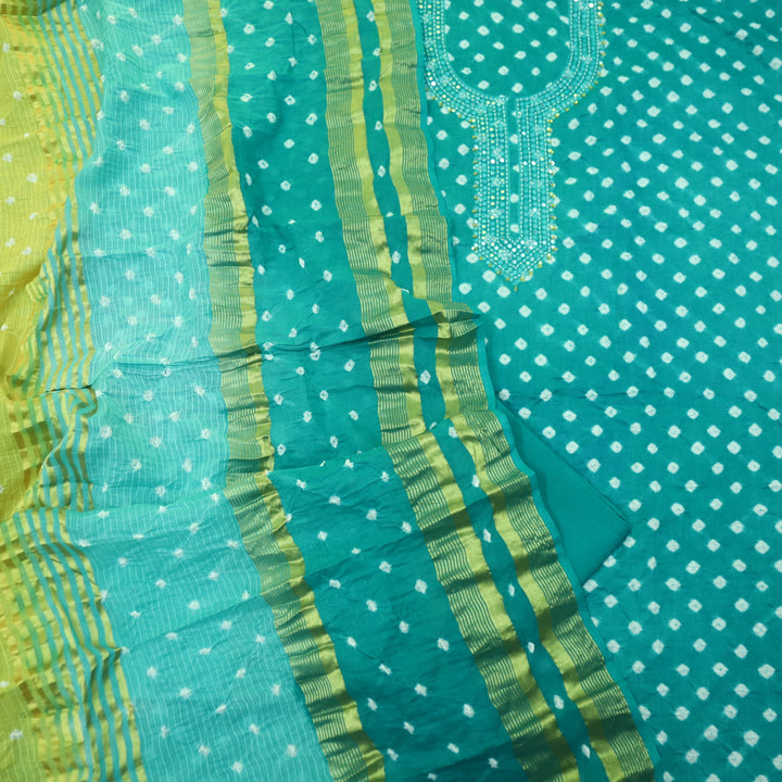 Bandegi Teal Blue Moti Neck with Bandhej Work Cotton Suit Set