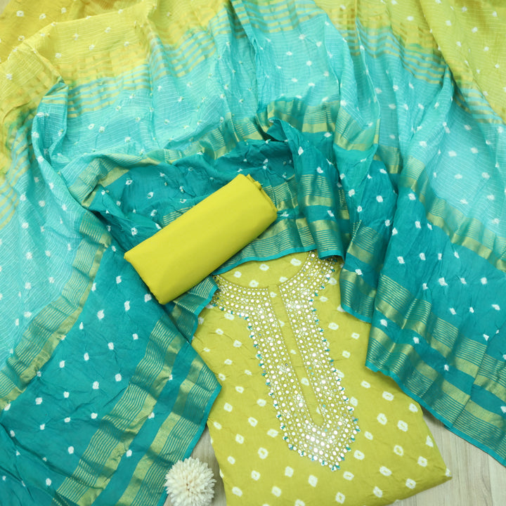 Bandegi Greenish Yellow Moti Neck with Bandhej Work Cotton Suit Set