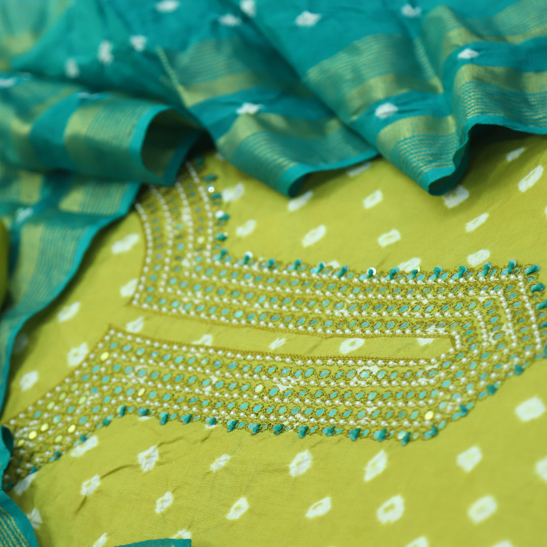 Bandegi Greenish Yellow Moti Neck with Bandhej Work Cotton Suit Set