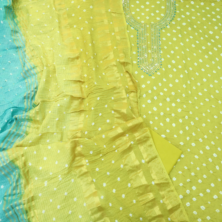 Bandegi Greenish Yellow Moti Neck with Bandhej Work Cotton Suit Set