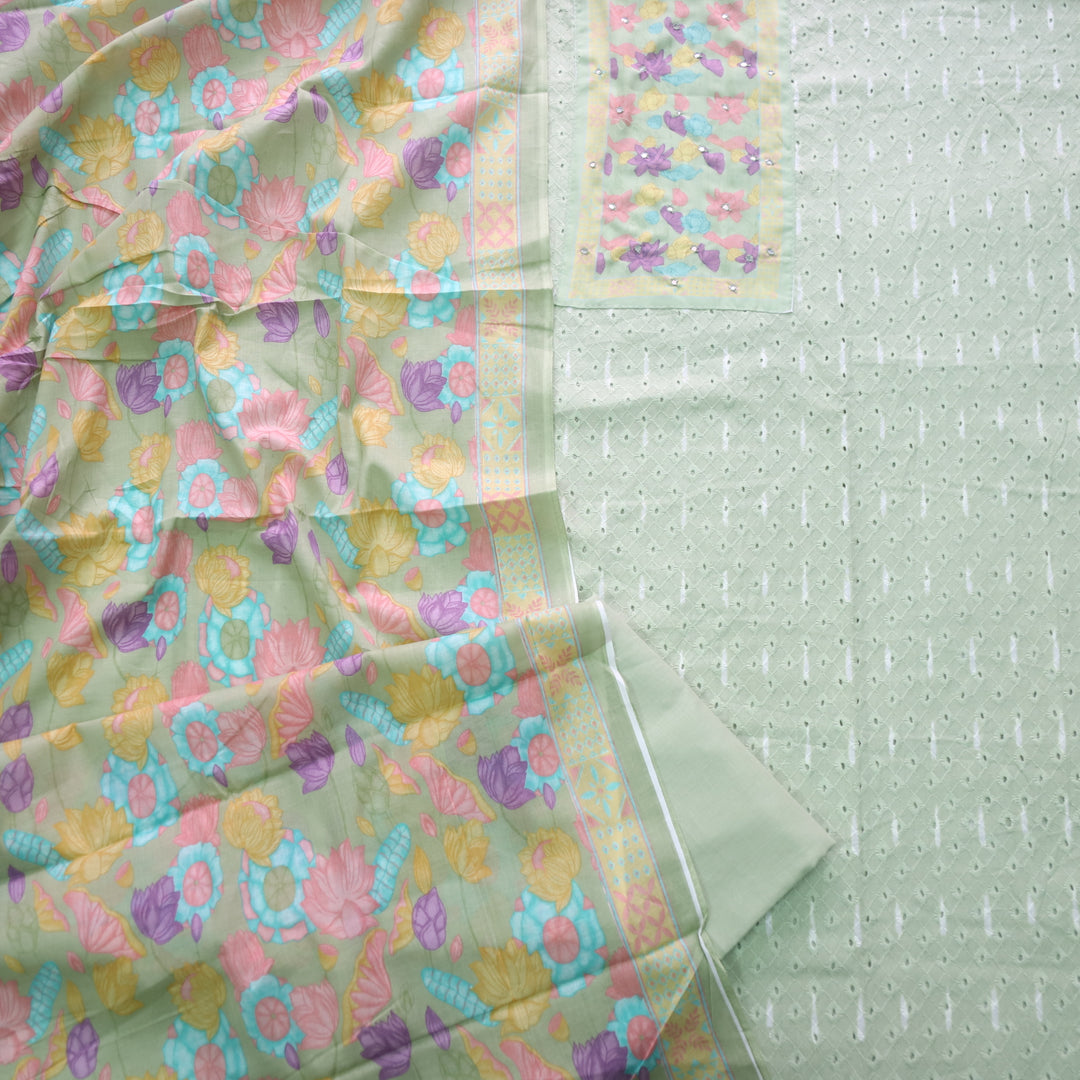 Sarkaare Mint Green Floral Print Patch Schiffli Work Print Cotton Suit Set D2