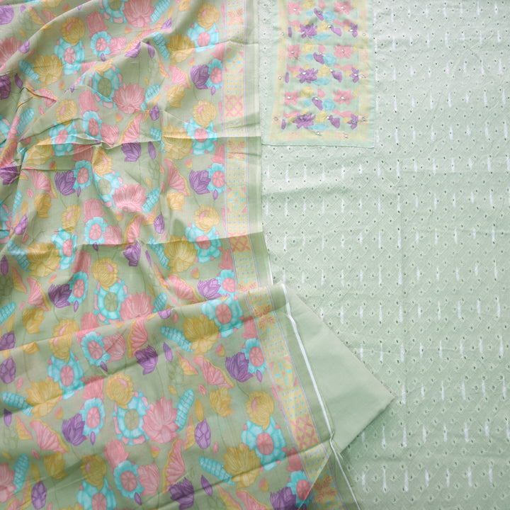 Sarkaare Mint Green Floral Print Patch Schiffli Work Print Cotton Suit Set D2