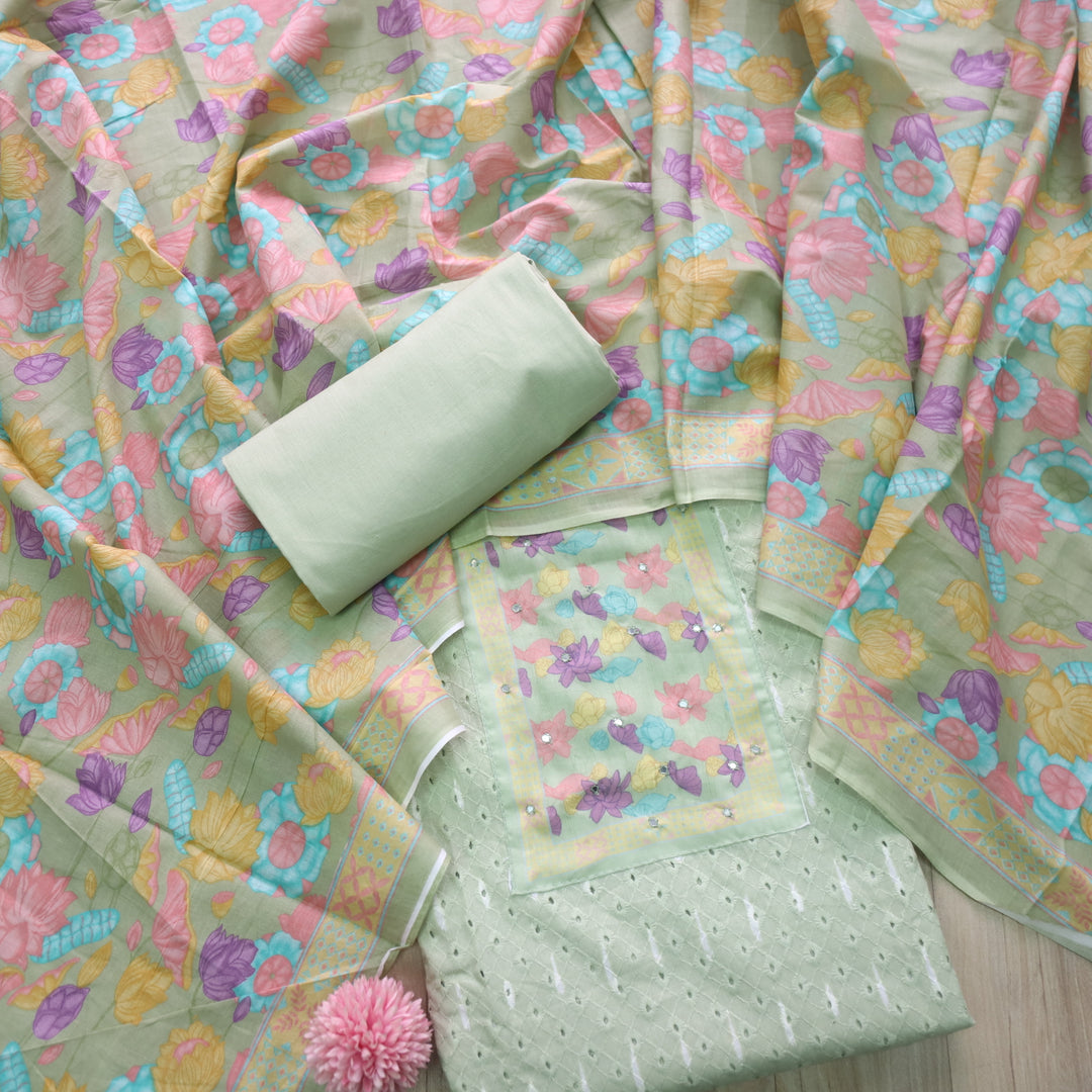 Sarkaare Mint Green Floral Print Patch Schiffli Work Print Cotton Suit Set D2