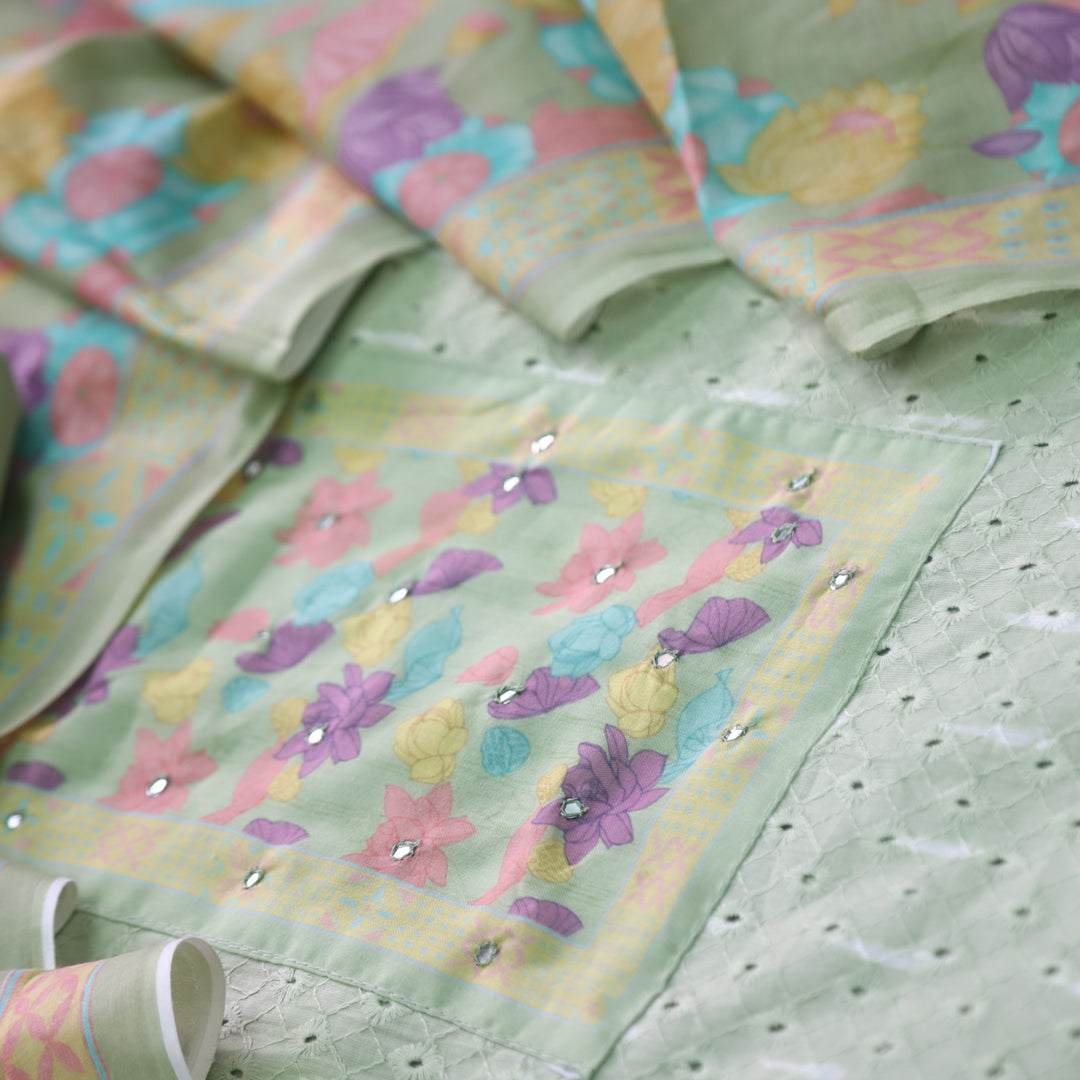 Sarkaare Mint Green Floral Print Patch Schiffli Work Print Cotton Suit Set D2