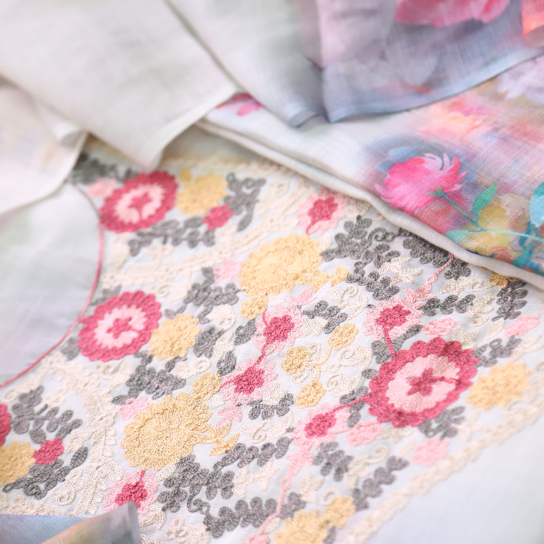 Gulbahar Latte Beige with Pink Bottom Kashida Inspired Work Cotton Linen Suit Set D2
