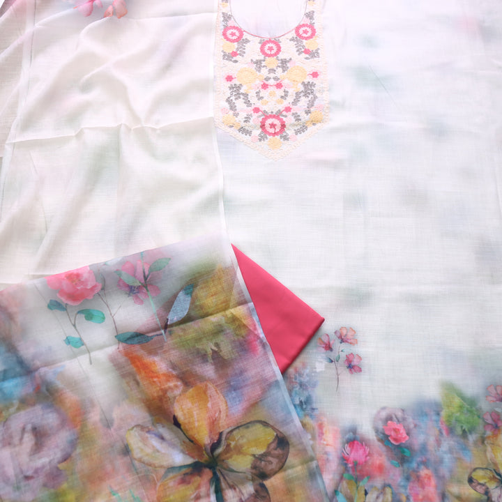 Gulbahar Latte Beige with Pink Bottom Kashida Inspired Work Cotton Linen Suit Set D2
