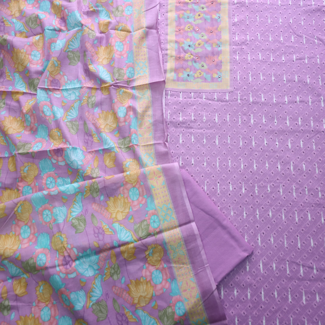 Sarkaare Orchid Purple Floral Print Patch Schiffli Work Print Cotton Suit Set D2