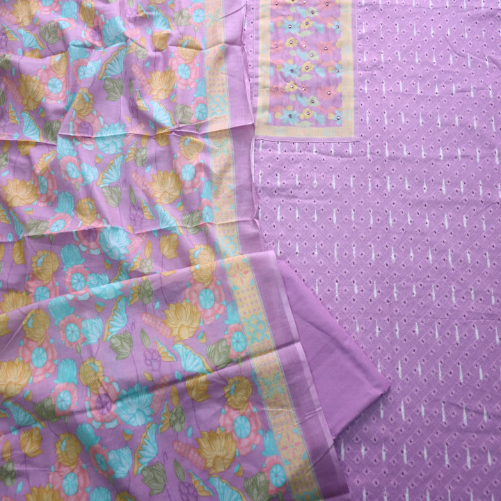 Sarkaare Orchid Purple Floral Print Patch Schiffli Work Print Cotton Suit Set D2