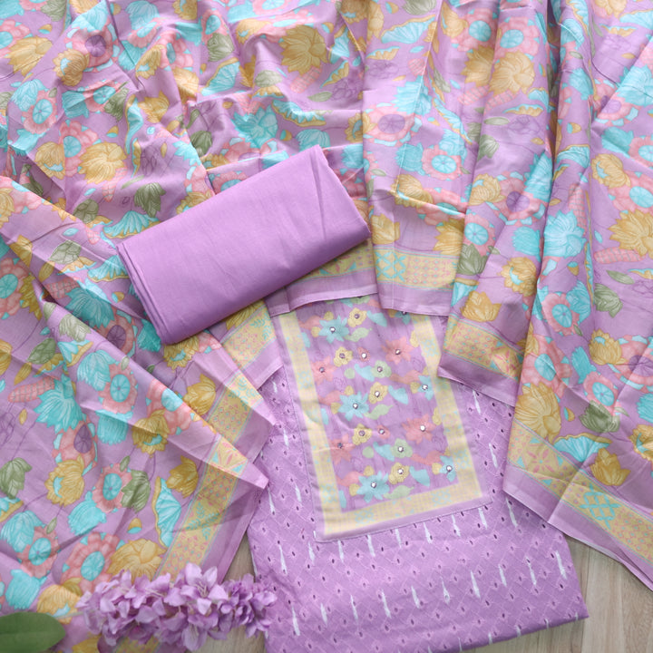 Sarkaare Orchid Purple Floral Print Patch Schiffli Work Print Cotton Suit Set D2