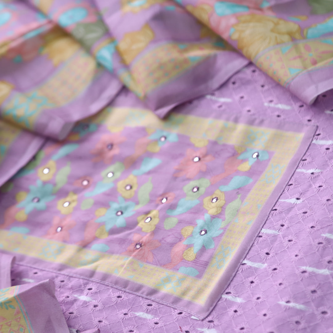 Sarkaare Orchid Purple Floral Print Patch Schiffli Work Print Cotton Suit Set D2
