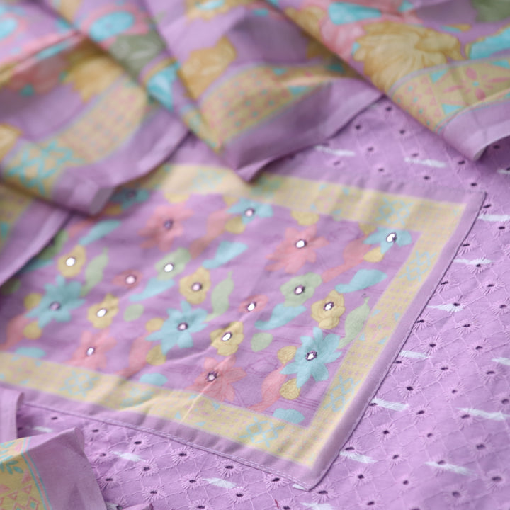 Sarkaare Orchid Purple Floral Print Patch Schiffli Work Print Cotton Suit Set D2