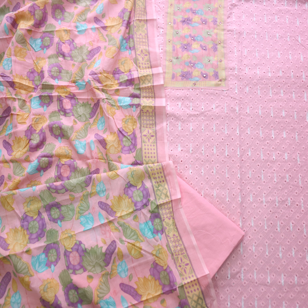 Sarkaare Rose Pink Floral Print Patch Schiffli Work Print Cotton Suit Set D2