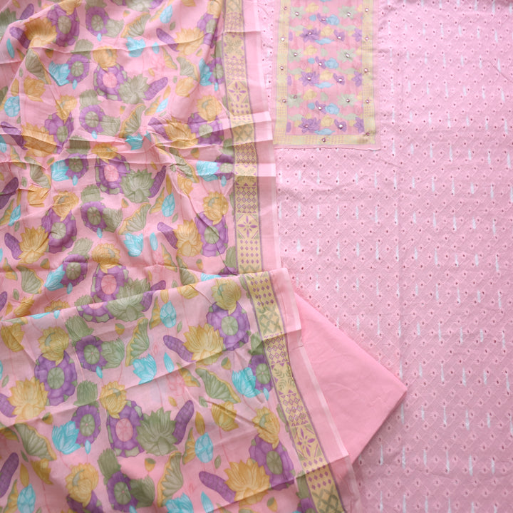 Sarkaare Rose Pink Floral Print Patch Schiffli Work Print Cotton Suit Set D2
