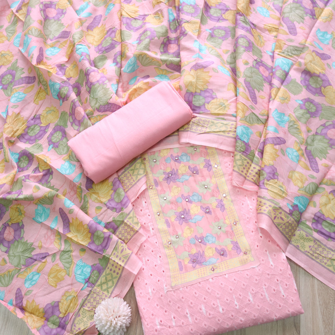 Sarkaare Rose Pink Floral Print Patch Schiffli Work Print Cotton Suit Set D2