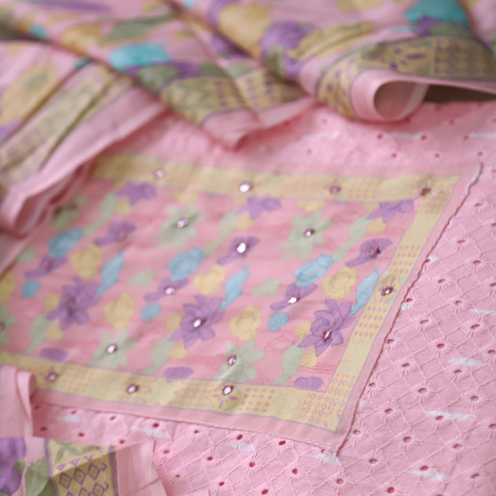 Sarkaare Rose Pink Floral Print Patch Schiffli Work Print Cotton Suit Set D2