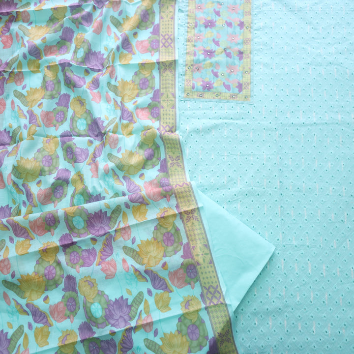 Sarkaare Aqua Blue Floral Print Patch Schiffli Work Print Cotton Suit Set D2