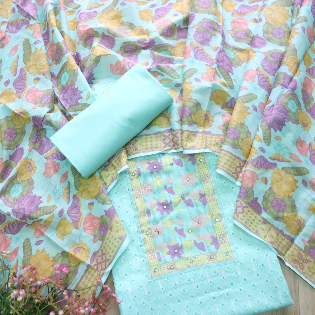 Sarkaare Aqua Blue Floral Print Patch Schiffli Work Print Cotton Suit Set D2
