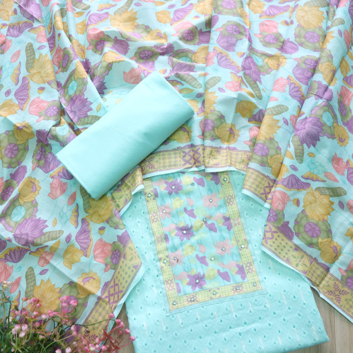 Sarkaare Aqua Blue Floral Print Patch Schiffli Work Print Cotton Suit Set D2