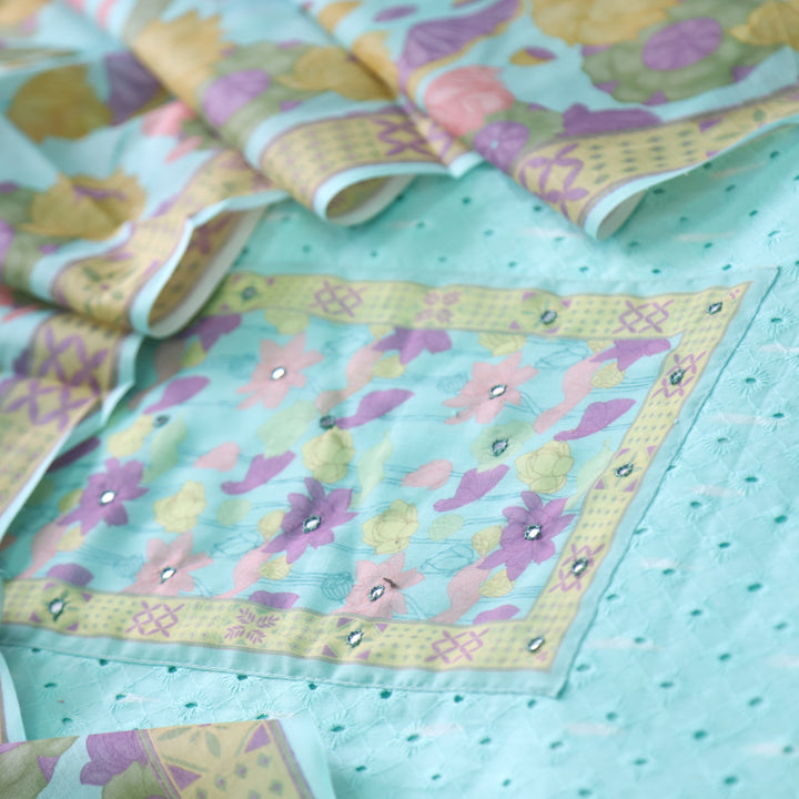 Sarkaare Aqua Blue Floral Print Patch Schiffli Work Print Cotton Suit Set D2