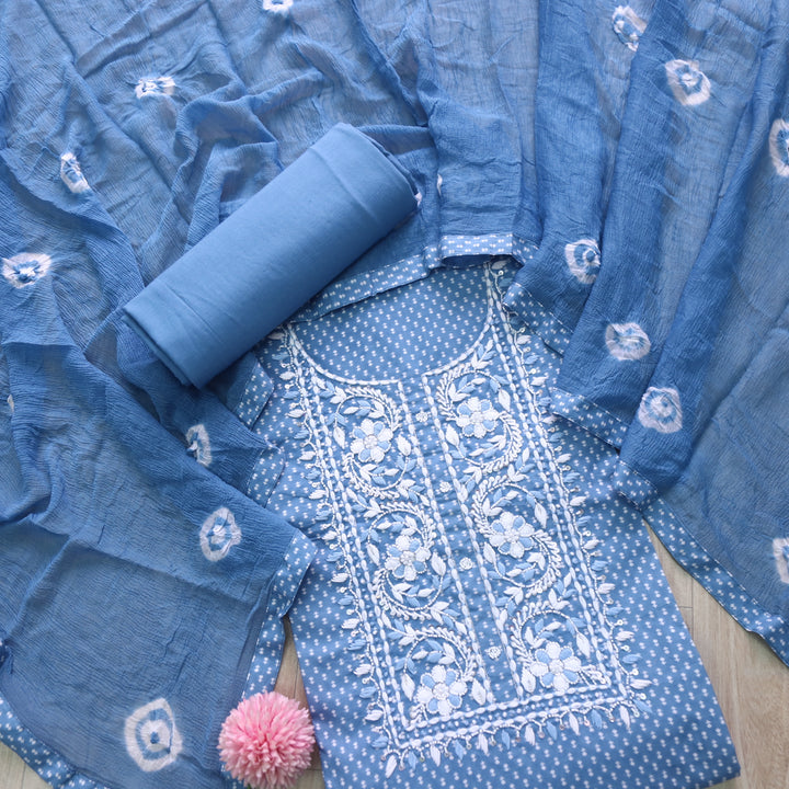 Riwayaat Stone Blue Moti with Thread Neck Work Printed Cotton Suit Set