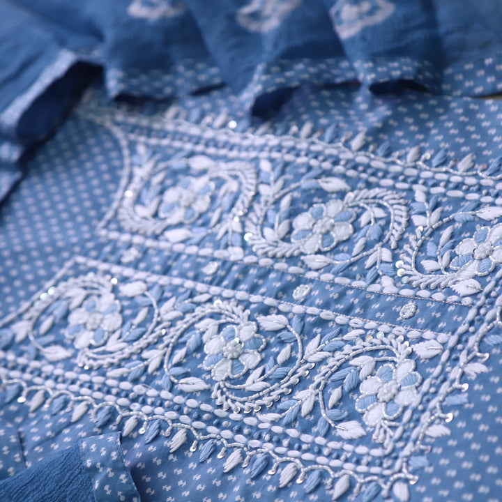 Riwayaat Stone Blue Moti with Thread Neck Work Printed Cotton Suit Set
