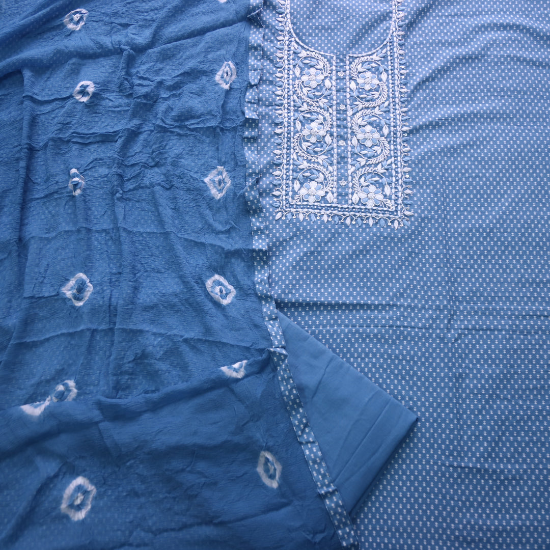 Riwayaat Stone Blue Moti with Thread Neck Work Printed Cotton Suit Set