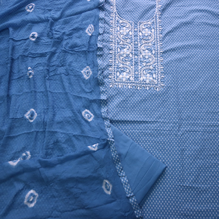 Riwayaat Stone Blue Moti with Thread Neck Work Printed Cotton Suit Set