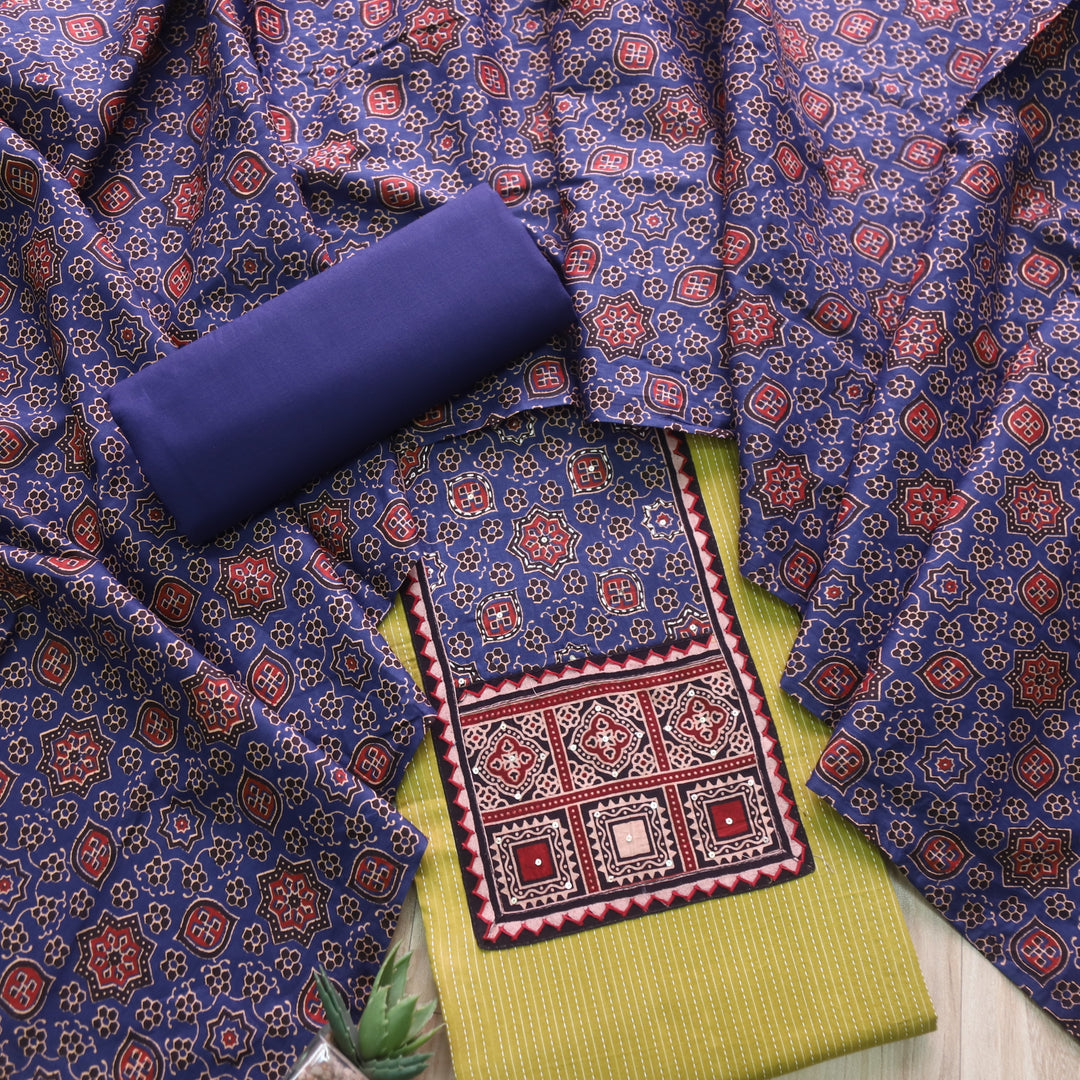 Anokhi Pear Yellow Ajrak Cotton Top with Printed Dupatta Suit Set