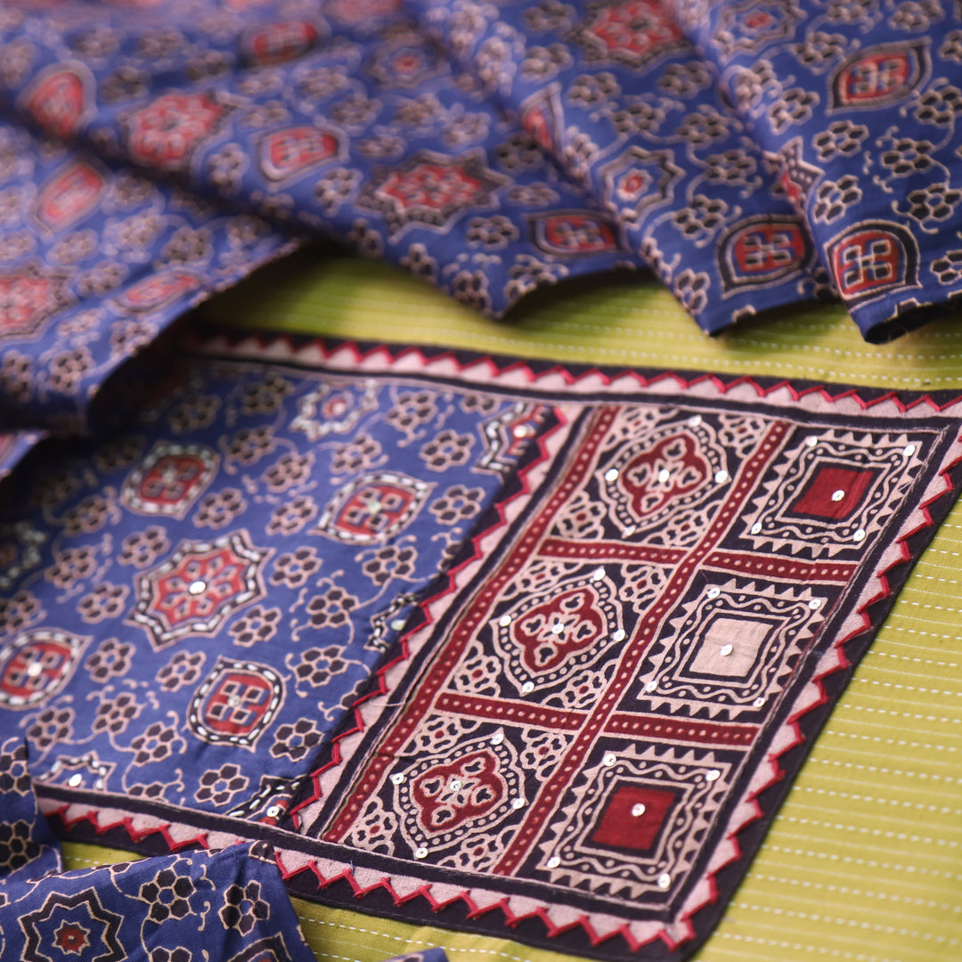 Anokhi Pear Yellow Ajrak Cotton Top with Printed Dupatta Suit Set