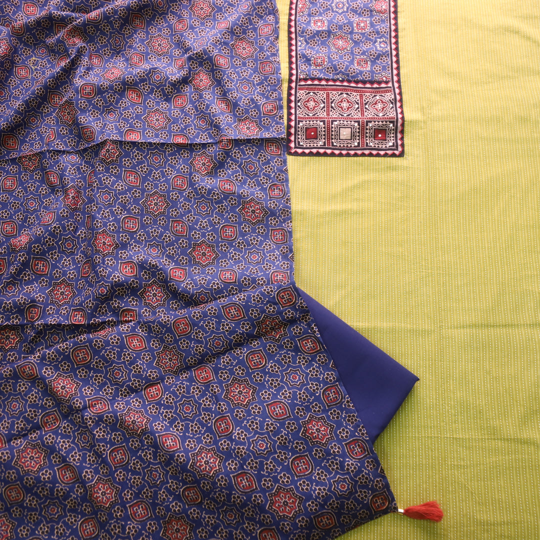 Anokhi Pear Yellow Ajrak Cotton Top with Printed Dupatta Suit Set