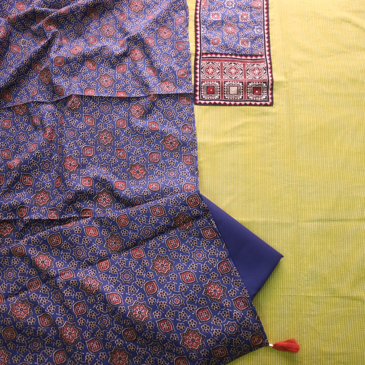Anokhi Pear Yellow Ajrak Cotton Top with Printed Dupatta Suit Set