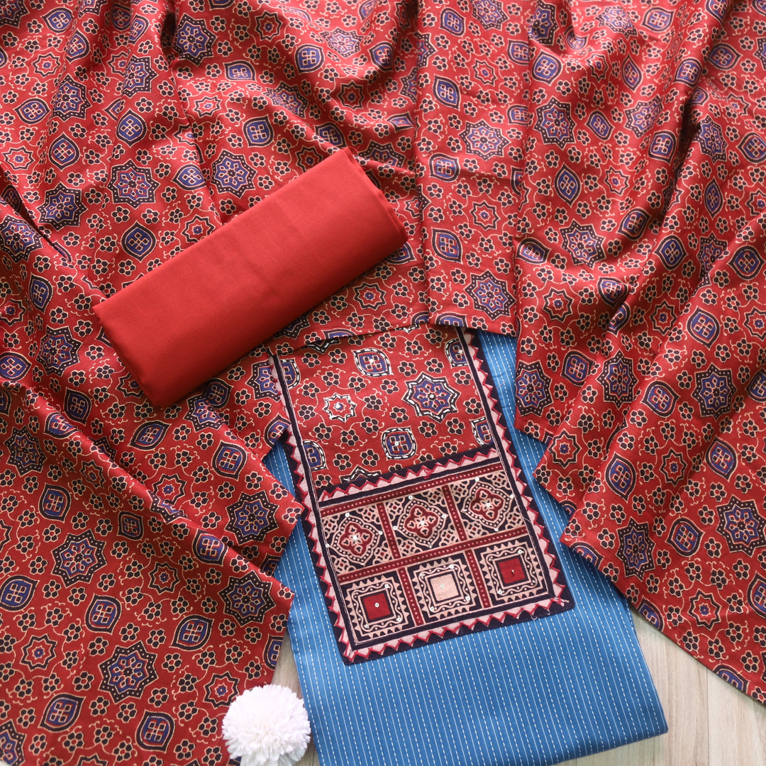 Anokhi Cerulean Blue Ajrak Cotton Top with Printed Dupatta Suit Set