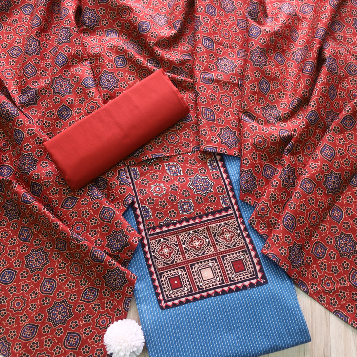 Anokhi Cerulean Blue Ajrak Cotton Top with Printed Dupatta Suit Set