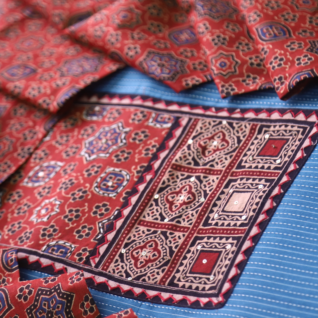 Anokhi Cerulean Blue Ajrak Cotton Top with Printed Dupatta Suit Set
