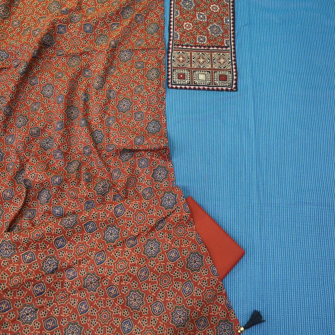Anokhi Cerulean Blue Ajrak Cotton Top with Printed Dupatta Suit Set