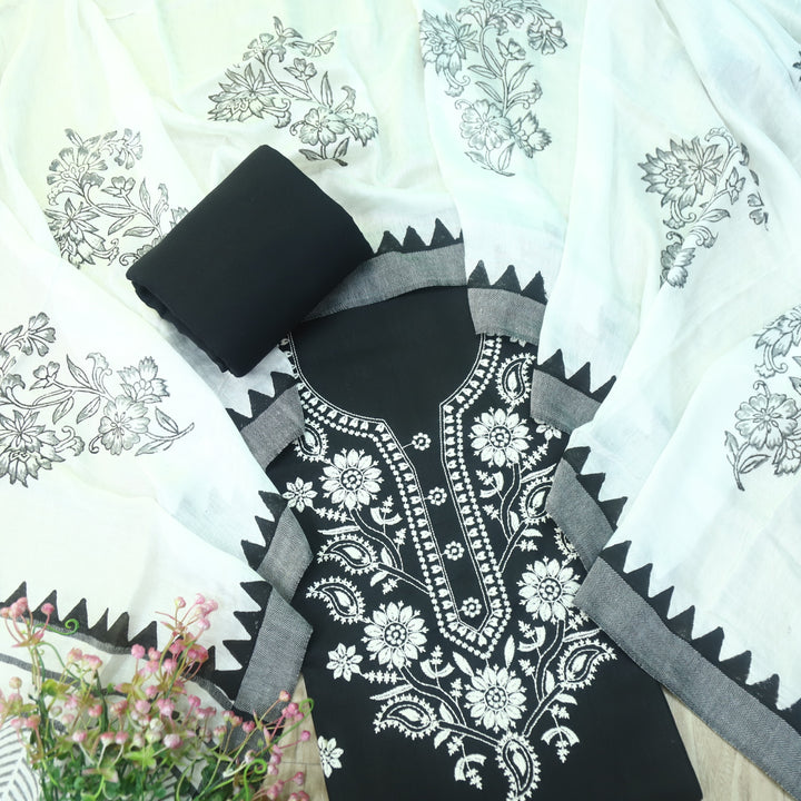 Riwayaat Ebony Black Chikankari Inspired Work Cotton Suit Set