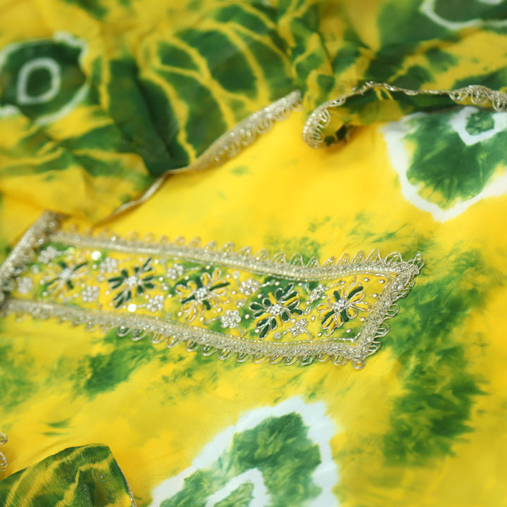Riwayaat Lemon Yellow Embellish Neck Shibori Printed Crepe Suit Set