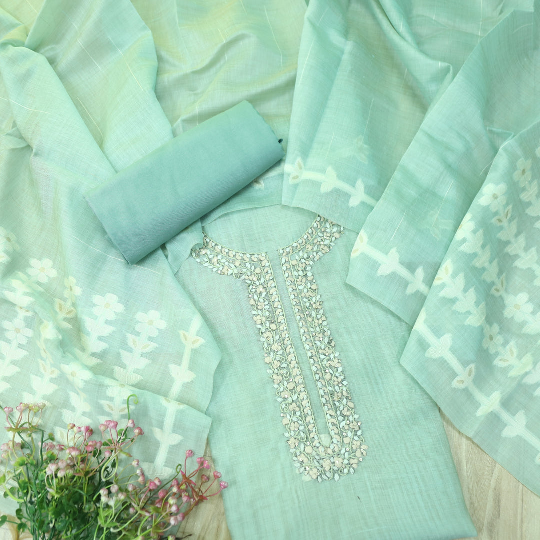 Jamdani Faded Blue Thread Neck Work Jamdani Weaved Suit Set