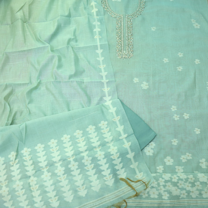 Jamdani Faded Blue Thread Neck Work Jamdani Weaved Suit Set
