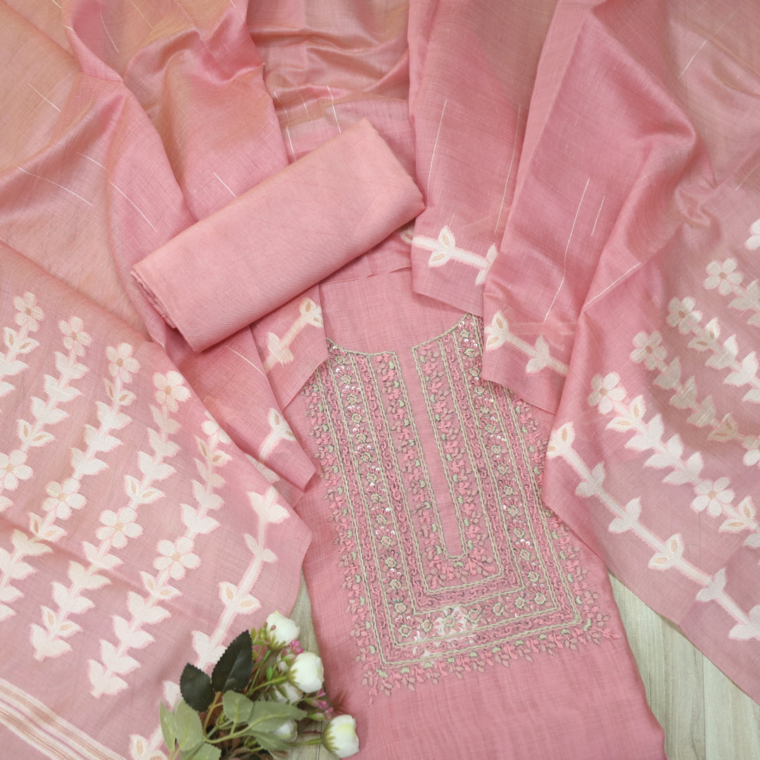 Jamdani Flamingo Pink Thread Neck Work Jamdani Weaved Suit Set