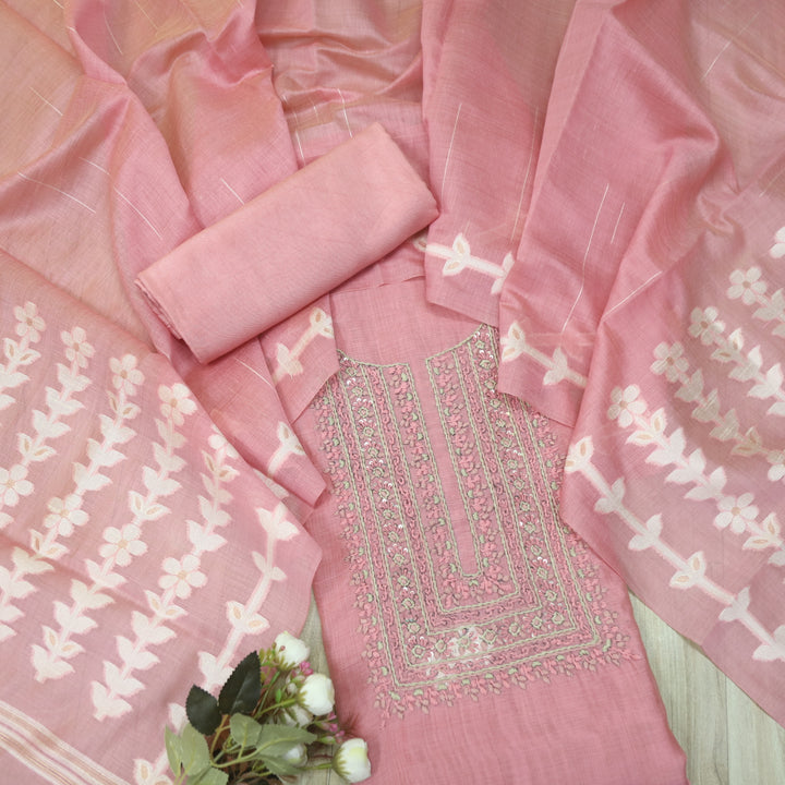 Jamdani Flamingo Pink Thread Neck Work Jamdani Weaved Suit Set